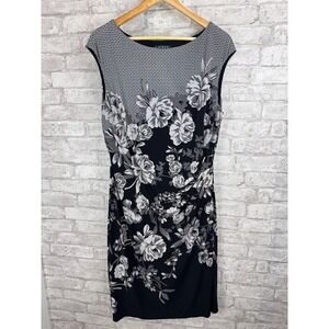 Lauren Ralph Lauren Dress 16 Black White Floral Stretch Sheath Ruched Cap Sleeve